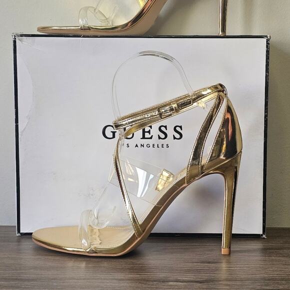 GUESS Women's Felecia Lucite Dress Sandals Size 9.5 M Gold NEW - Picture 1 of 8